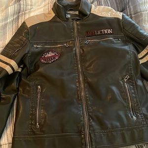 Black and grey leather jacket with some red lettering/like a motorcycle jacket